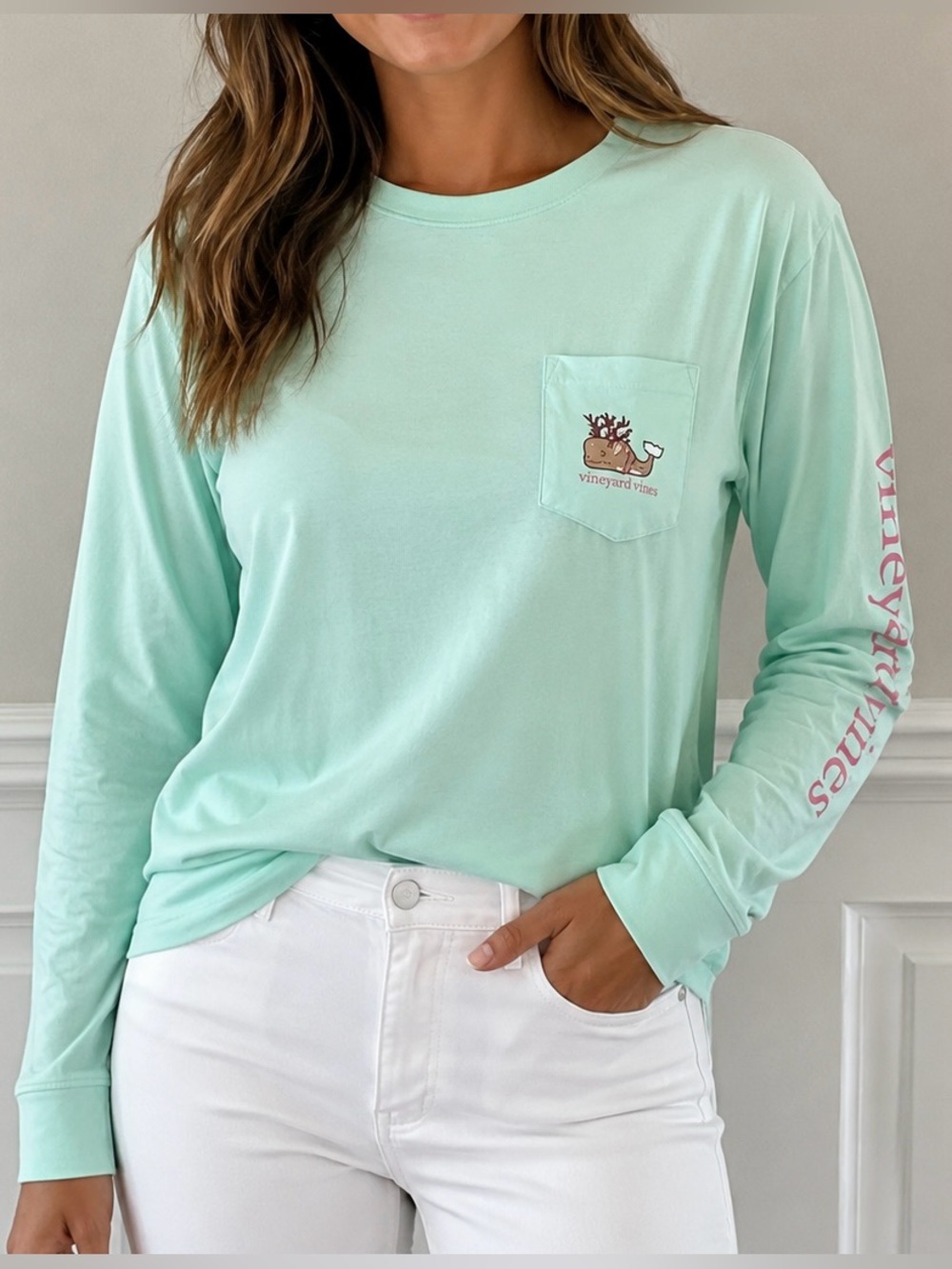 Vineyard Vines Girls XL (16) Mint Green Long-Sleeve Pocket Tee Reindeer Whale
